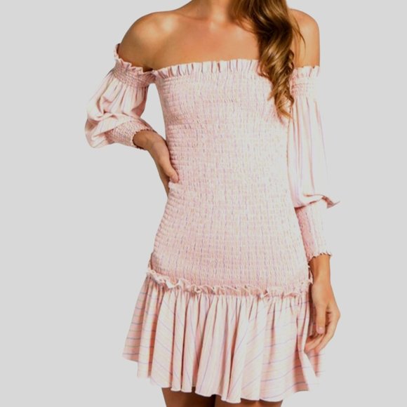 Fanco Striped Smocked Off Shoulder Mini Dress Pink Blue Size Large NWT - Picture 1 of 7